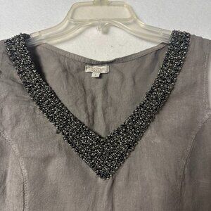 Lina Tomei dress sz L Sleeveless 100% Linen beaded v neck gray made Italy resort